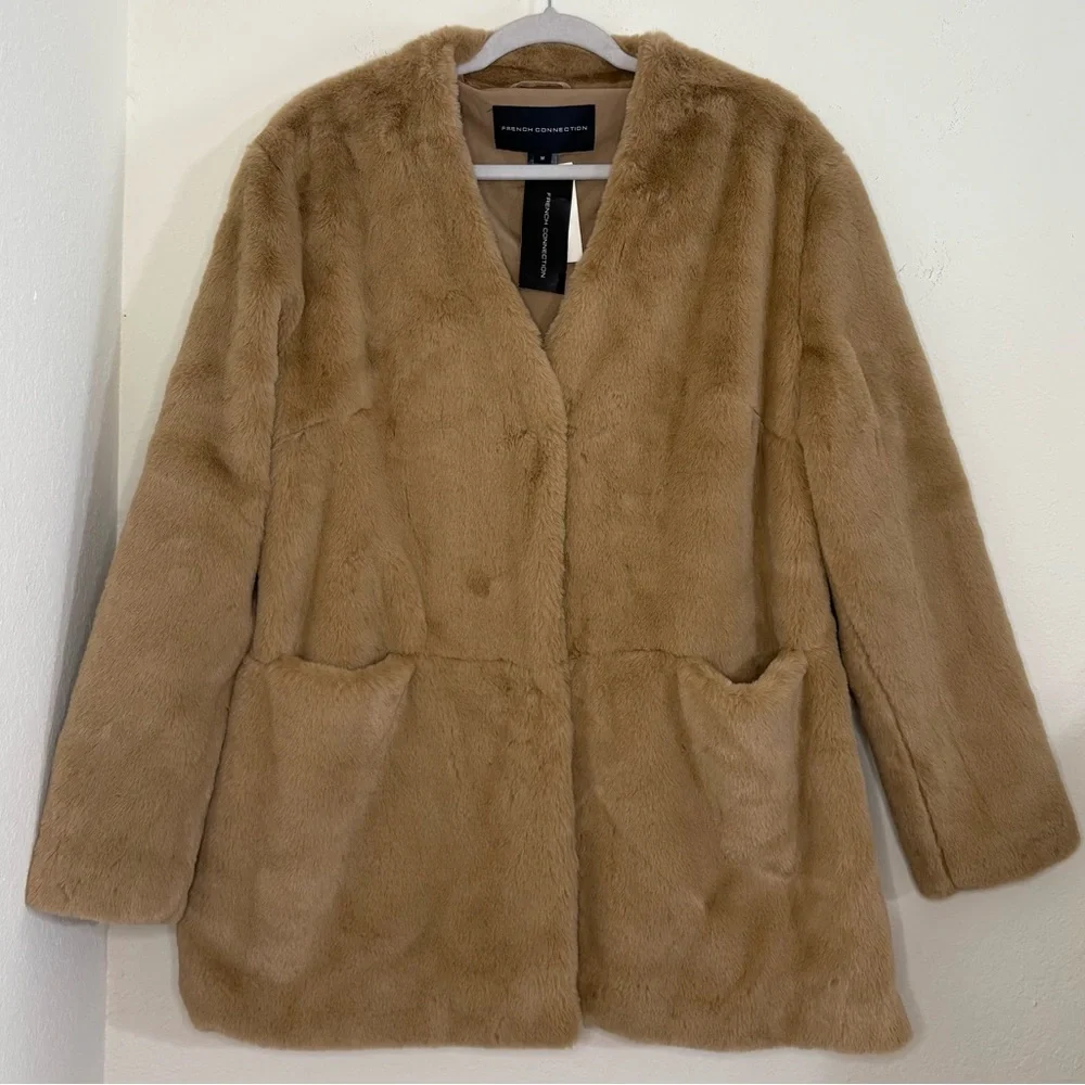 French Connection Camel Buona Faux Fur Coat Jacket NWT - Picture 1 of 11